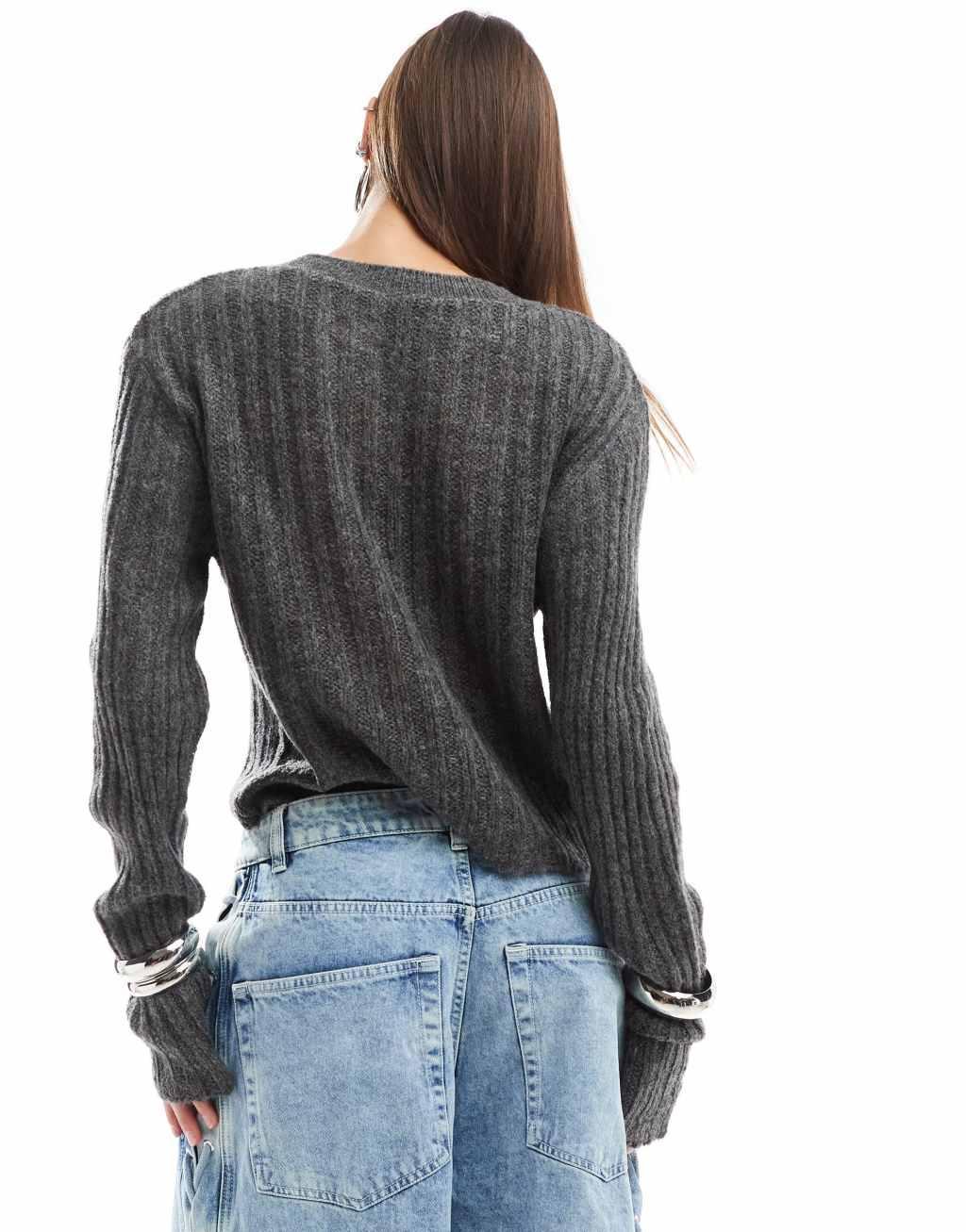 COLLUSION fine gauge ribbed crew neck sweater in charcoal  Product Image