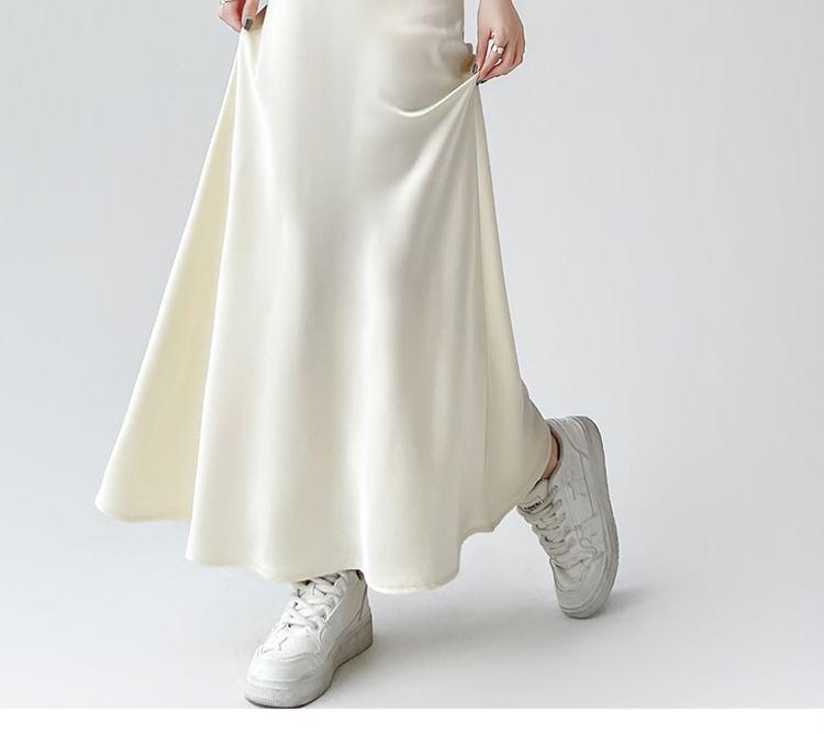 High Waist Plain Satin Maxi A-Line Skirt Product Image