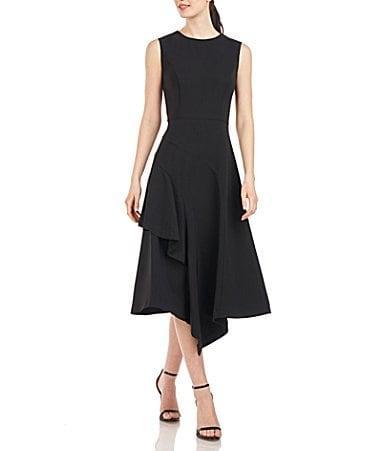 Kay Unger Stretch Crew Neck Sleeveless Fit and Flare Asymmetrical Hem Midi Dress Product Image