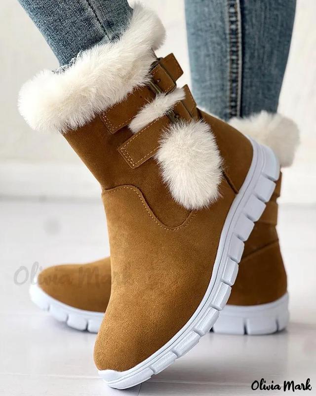 Olivia Mark – Premium Faux Fur Detailed Ankle Boots with Chic Buckle Accent Product Image