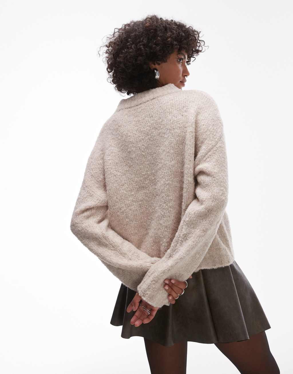 Topshop knitted boucle crew sweater in stone Product Image