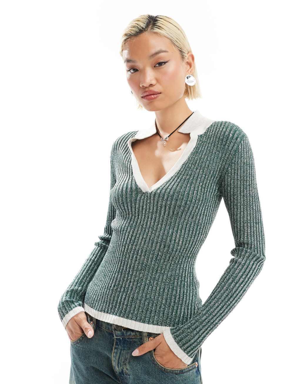 COLLUSION shimmer knit V-neck collared top in forest green Product Image