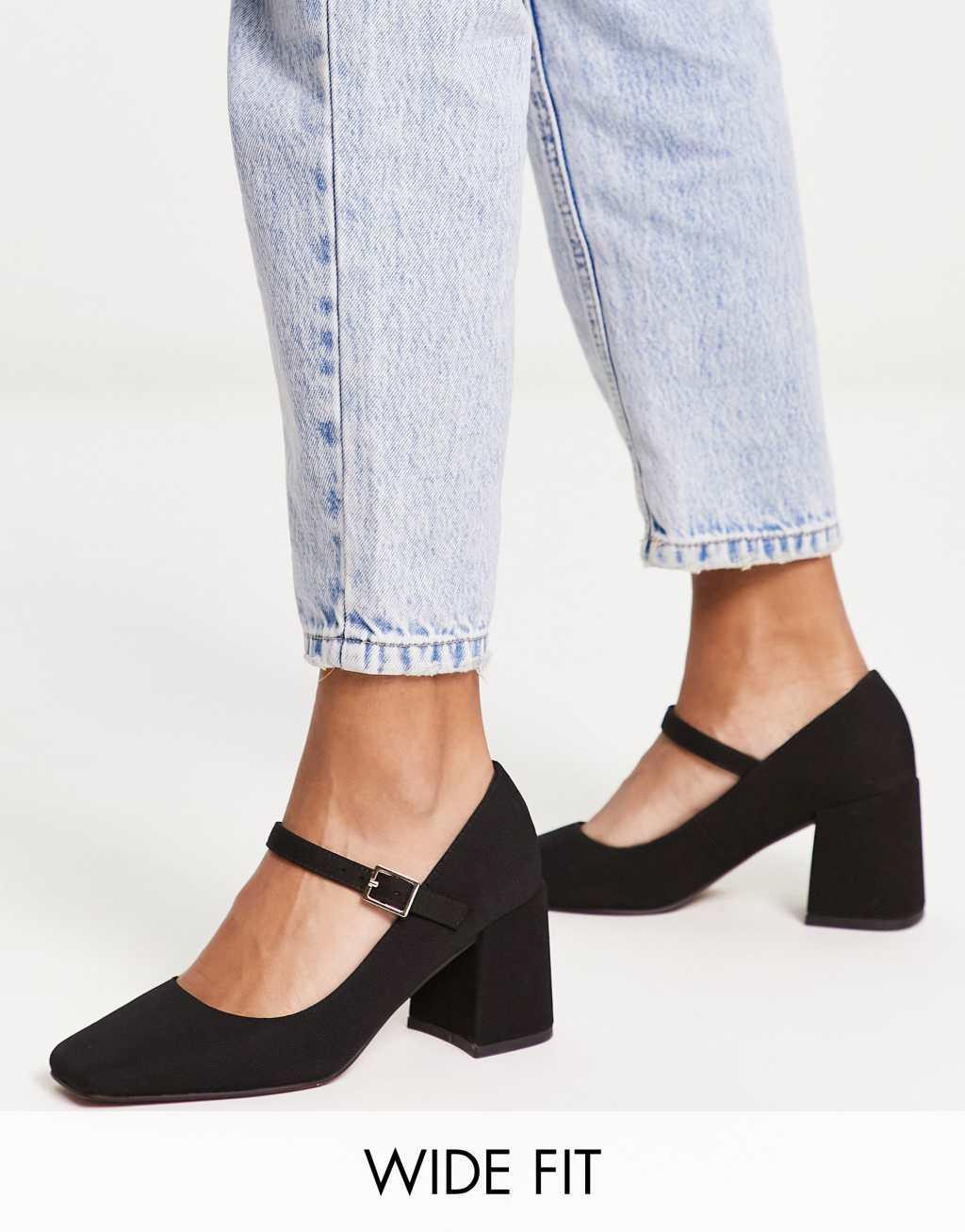 ASOS DESIGN Wide Fit Selene mary jane mid block heeled shoes in black Product Image