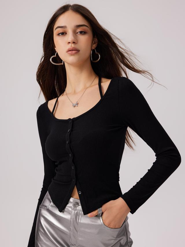 Halter Neckline Button Long Sleeve Top Product Image