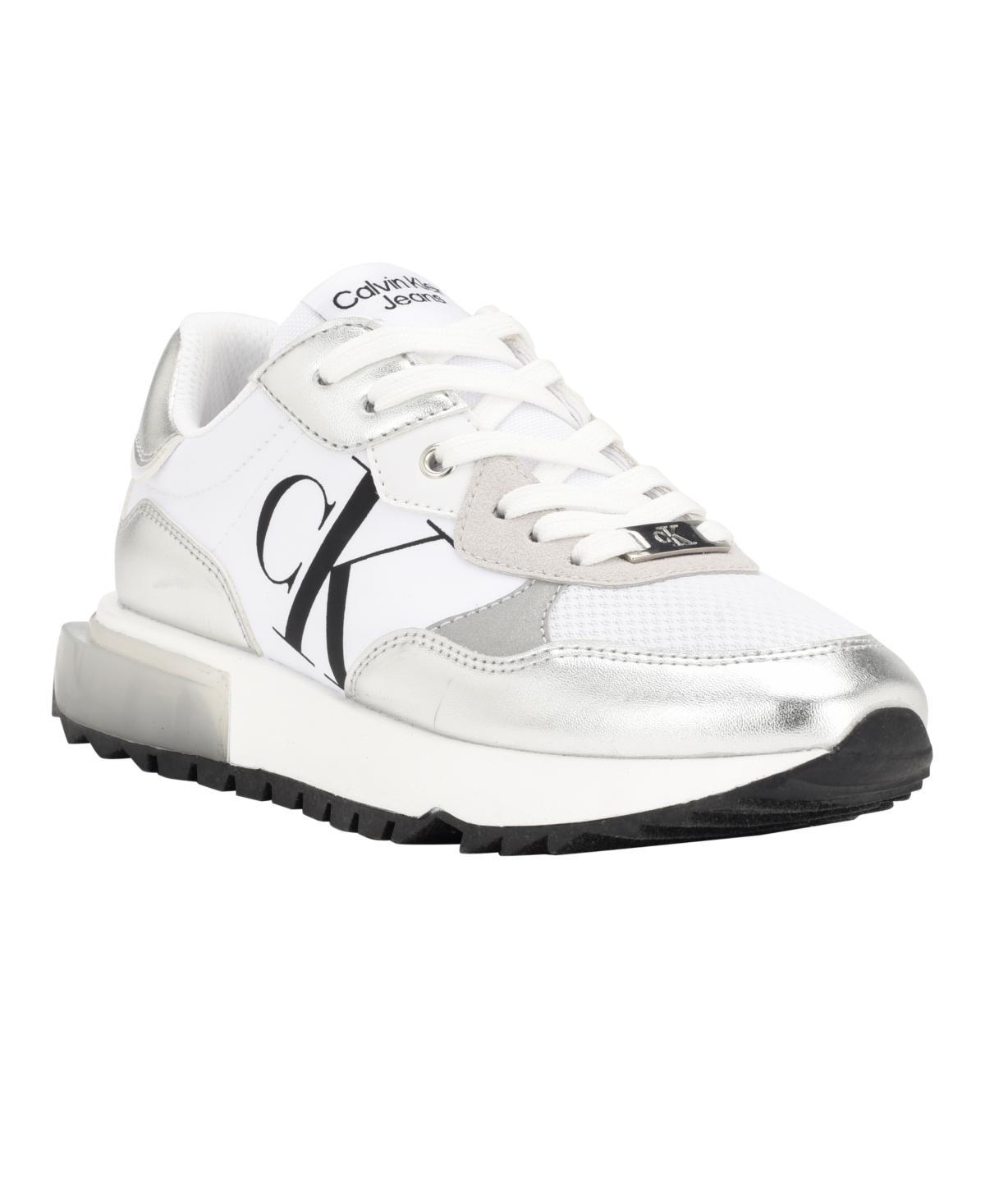 Calvin Klein Womens Magalee Casual Logo Lace-Up Sneakers - Light Gray- Manmade Product Image