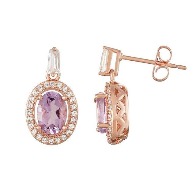 14k Rose Gold Over Silver Amethyst & Lab-Created White Sapphire Halo Drop Earrings, Womens, Pink Tone Product Image