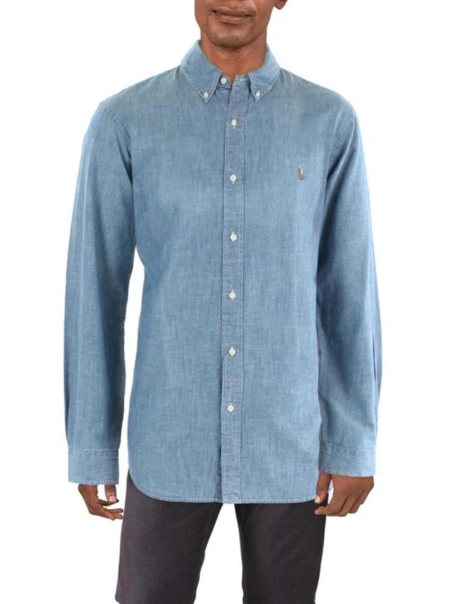 Mens Slub Cotton Button-down Shirt In Blue Product Image