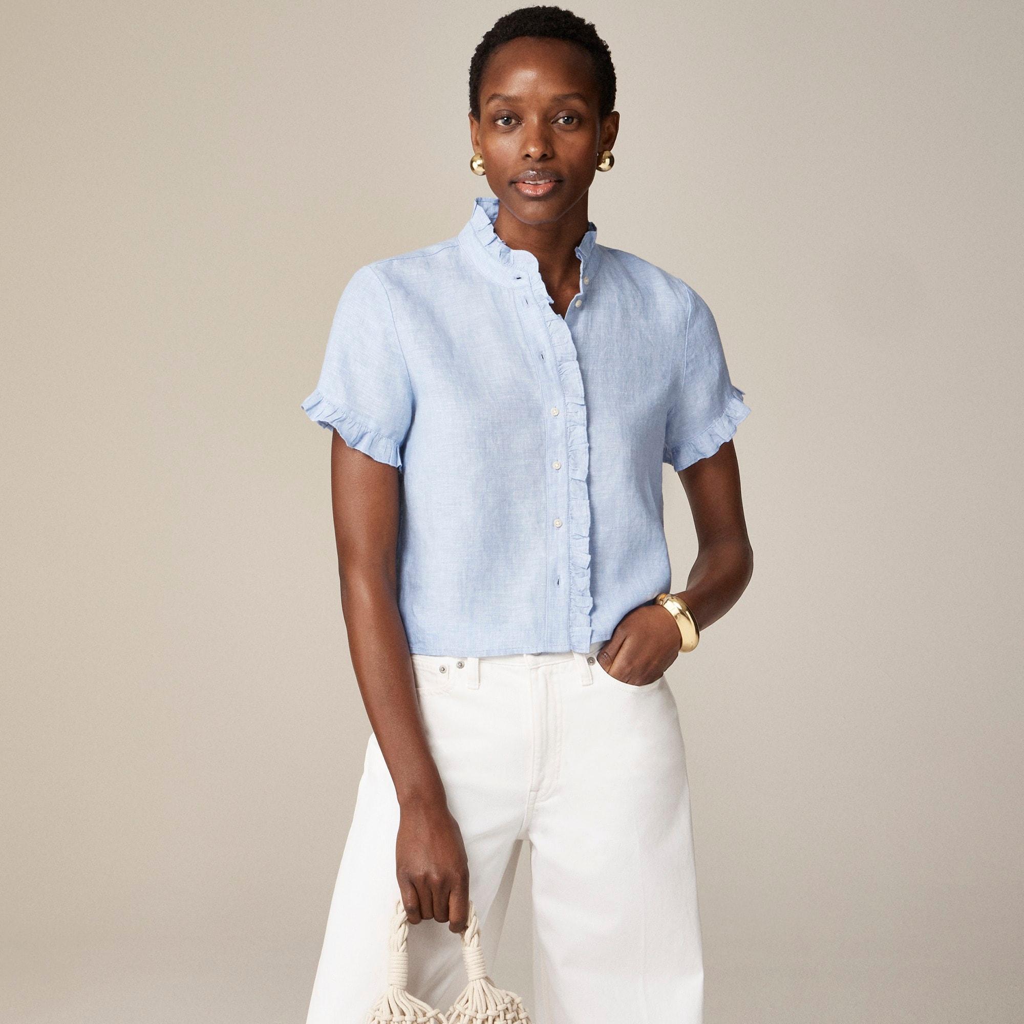 Ruffle-trim button-up shirt in linen Product Image