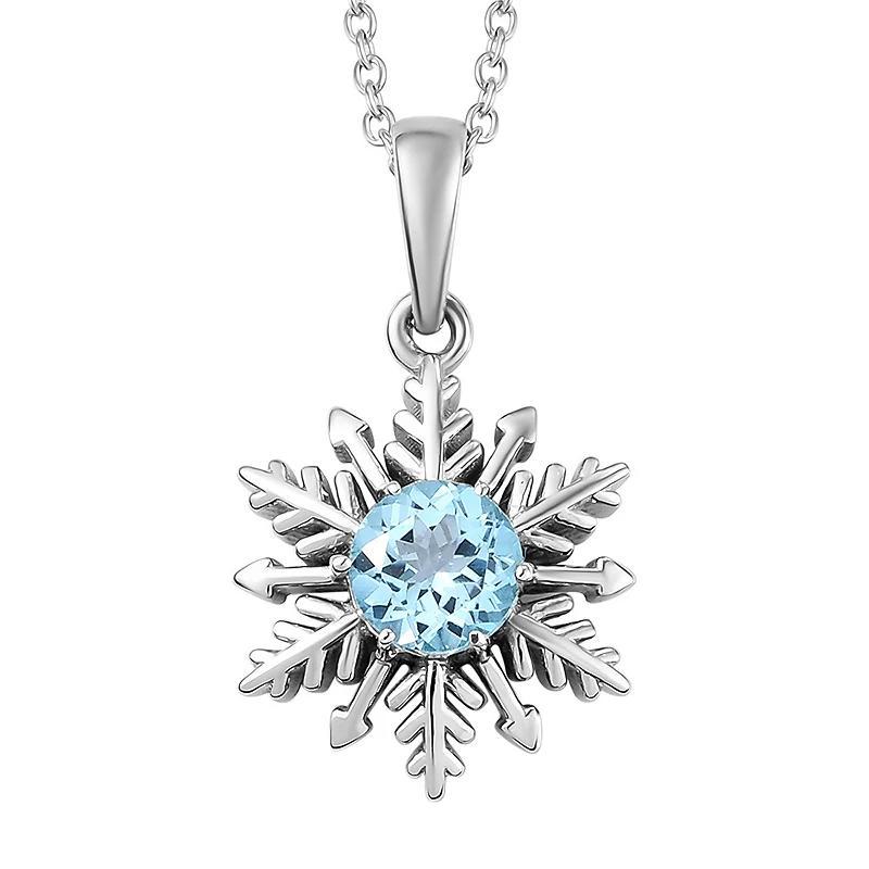 Sterling Silver Round Blue Topaz Snowflake Pendant Necklace, Womens Product Image