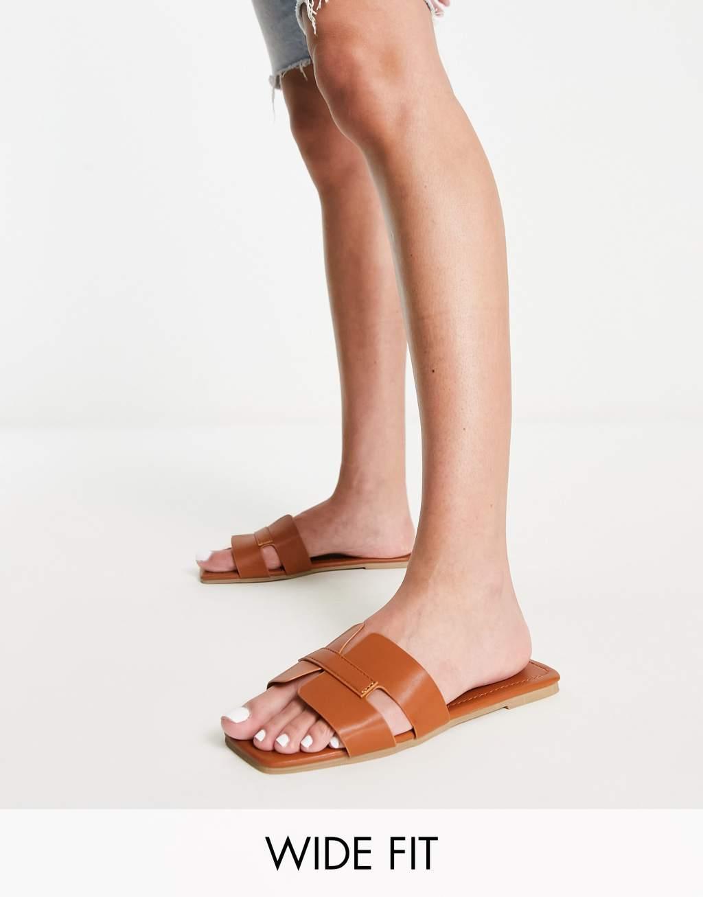 Truffle Collection Wide Fit slip on mule sliders in tan Product Image