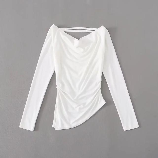 Long Sleeve Cold-Shoulder Plain T-Shirt Product Image