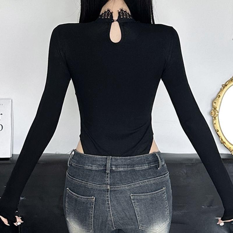 Long Sleeve Stand Collar Plain Cutout Panel Lace Bodysuit Top Product Image