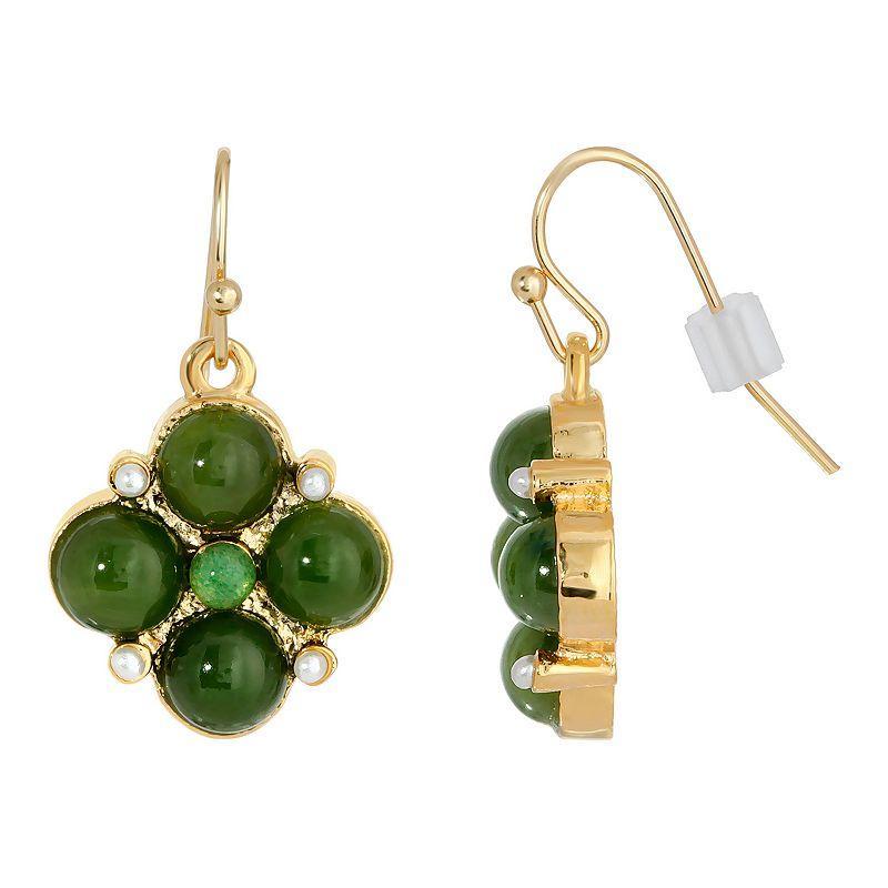 1928 Gold Tone Aventurine & Simulated Pearl Drop Earrings, Womens, Green Product Image