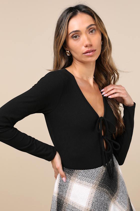 Lovely Ties Black Ribbed Knit Tie-Front Long Sleeve Bodysuit Product Image