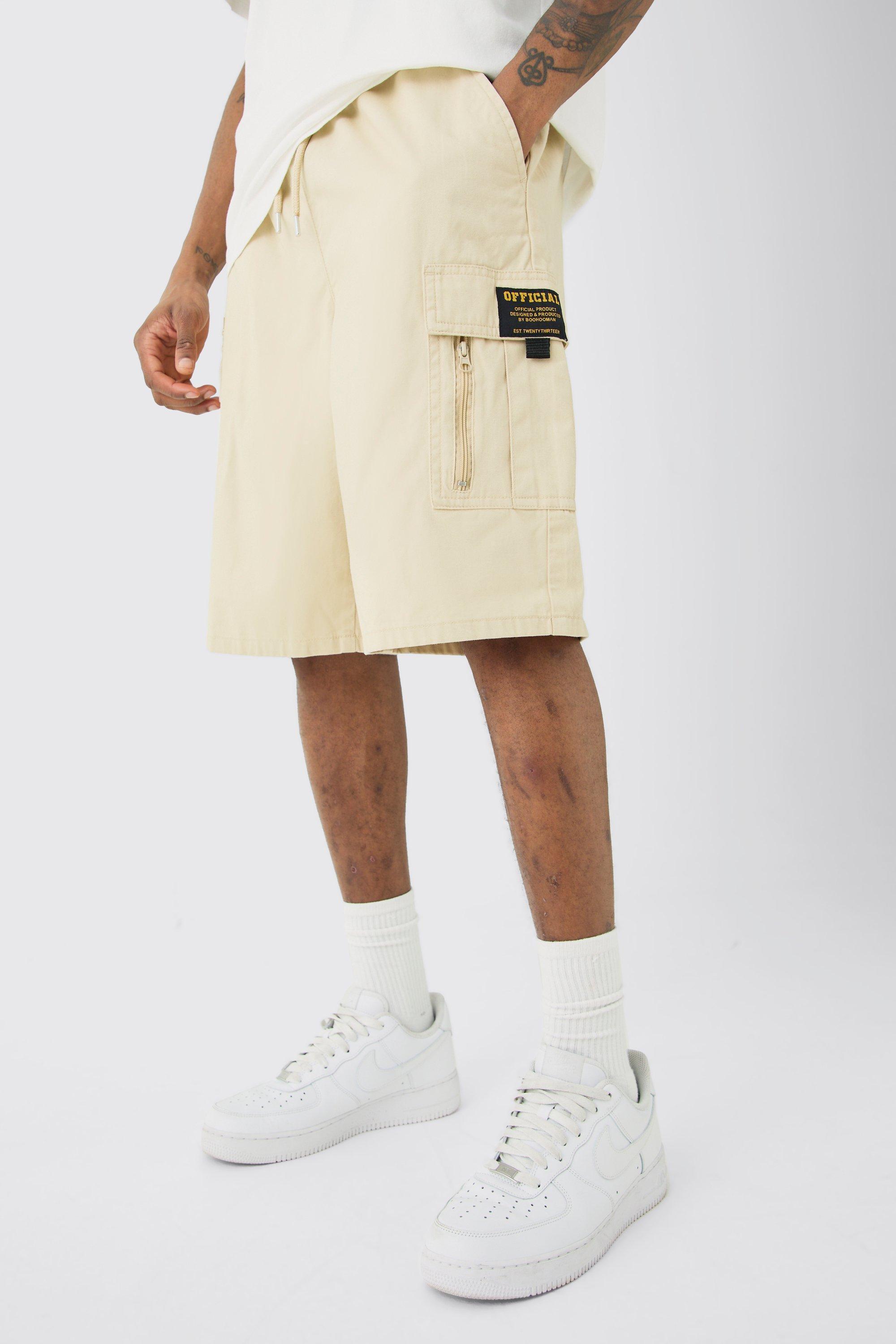 Mens Beige Tall Fixed Waist Twill Relaxed Cargo Zip Detail Tab Short, Beige Product Image