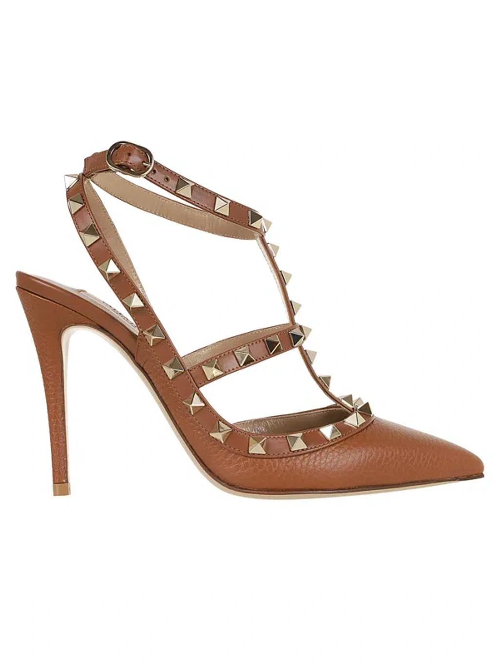 Rockstud Caged 100 Grainy Leather Pump In Brown Product Image