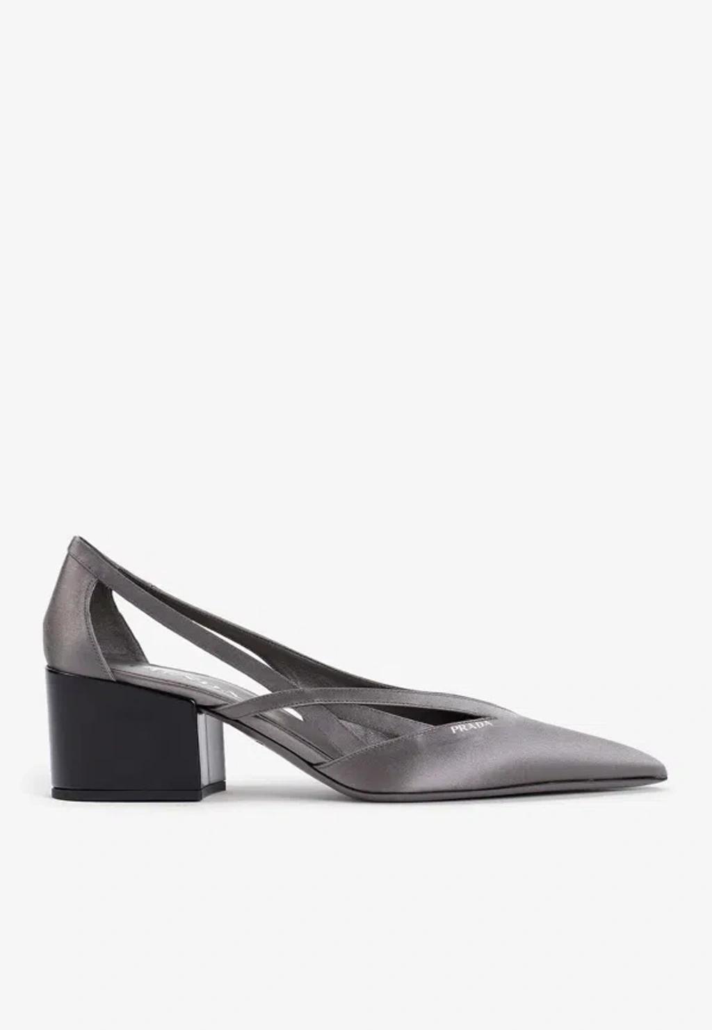 PRADA 55 Pointed Satin Pumps In Grey Product Image