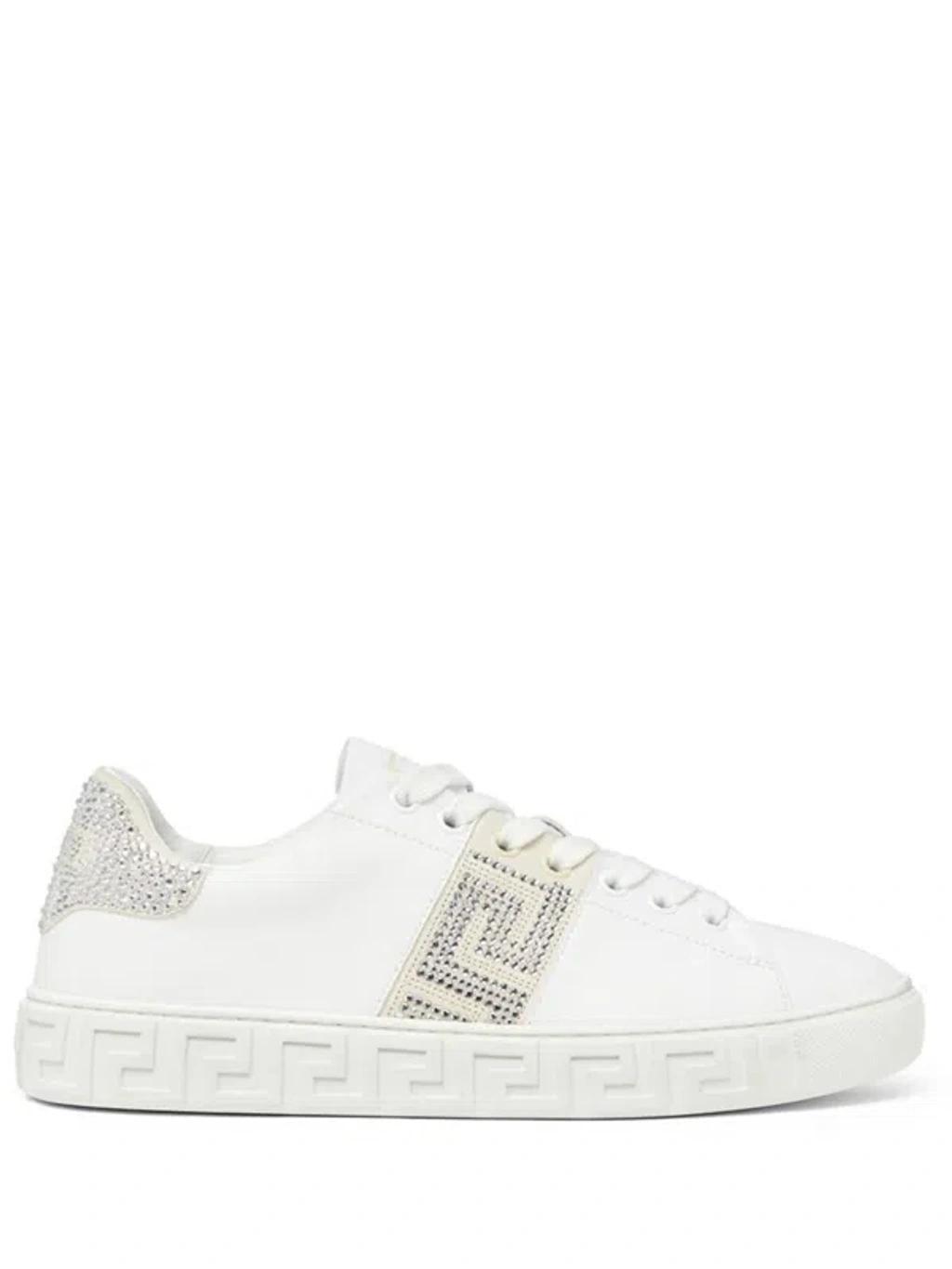 White Crystal Greca Leather Sneakers In Bianco Product Image