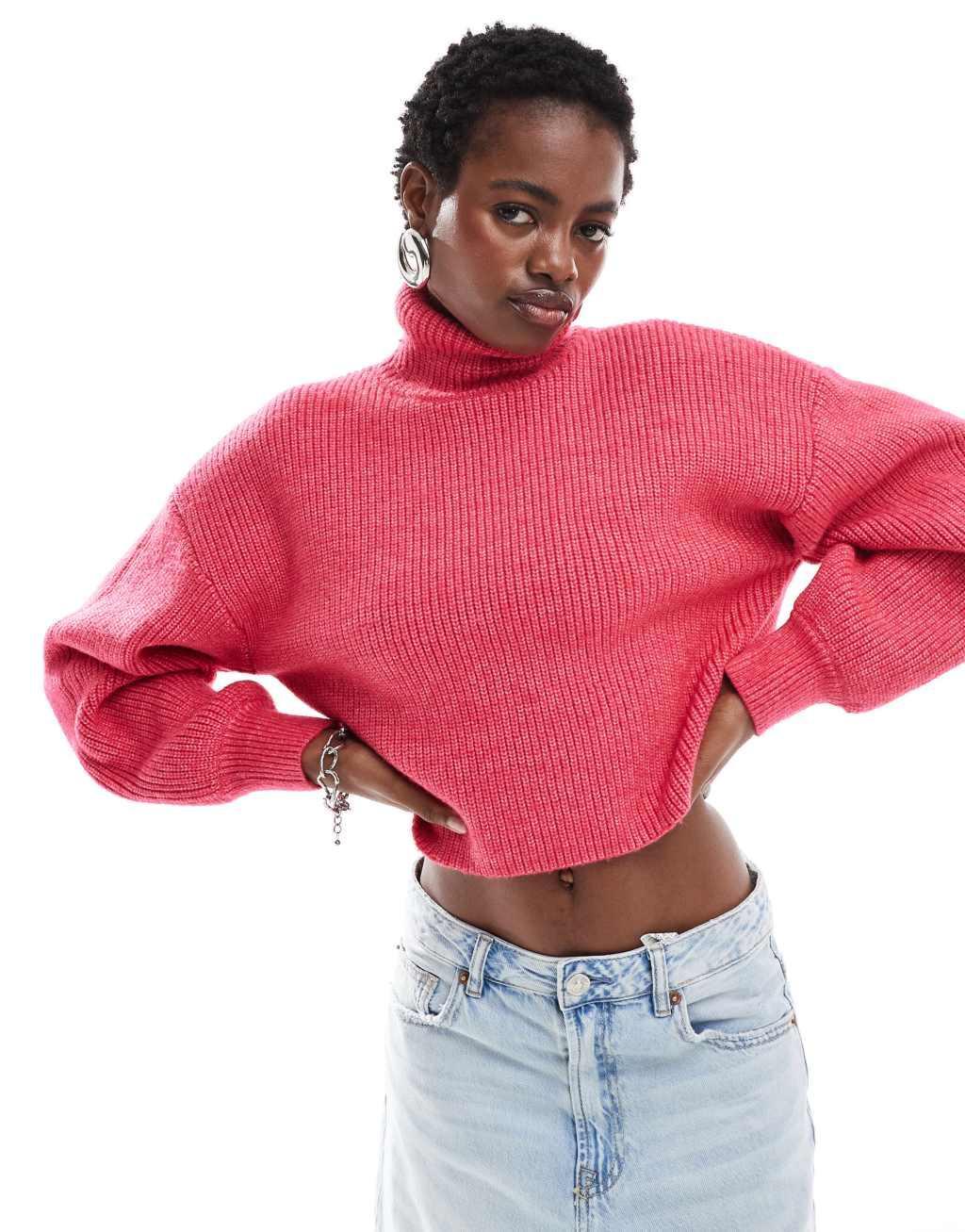 Monki cropped high neck sweater in pink Product Image