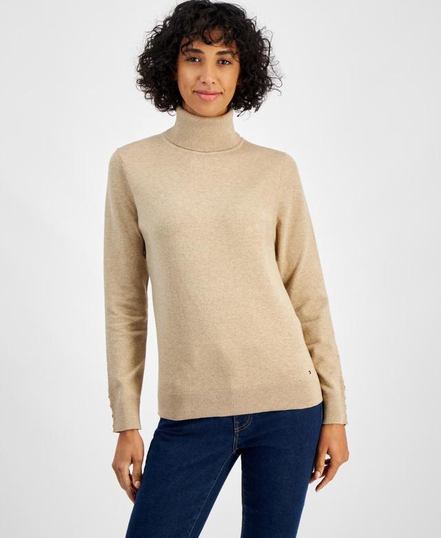 Tommy Hilfiger Womens Cotton Solid Button Cuff Turtleneck Sweater Product Image