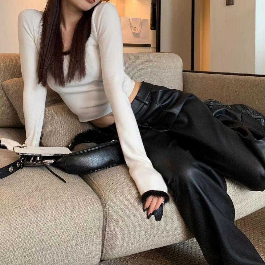 Long-Sleeve Square Neck Contrast Trim Slim Fit Crop Knit Top Product Image