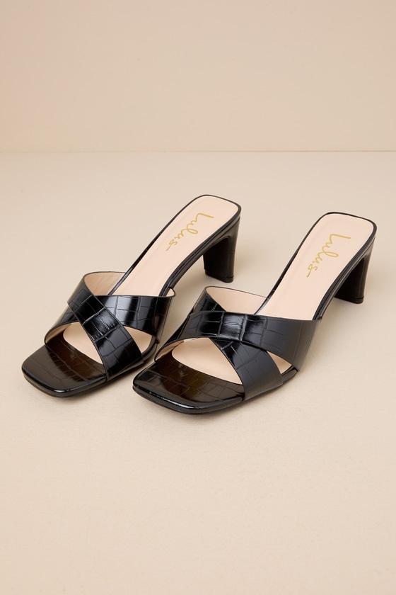 Deckerson Black Crocodile-Embossed High Heel Slide Sandals Product Image