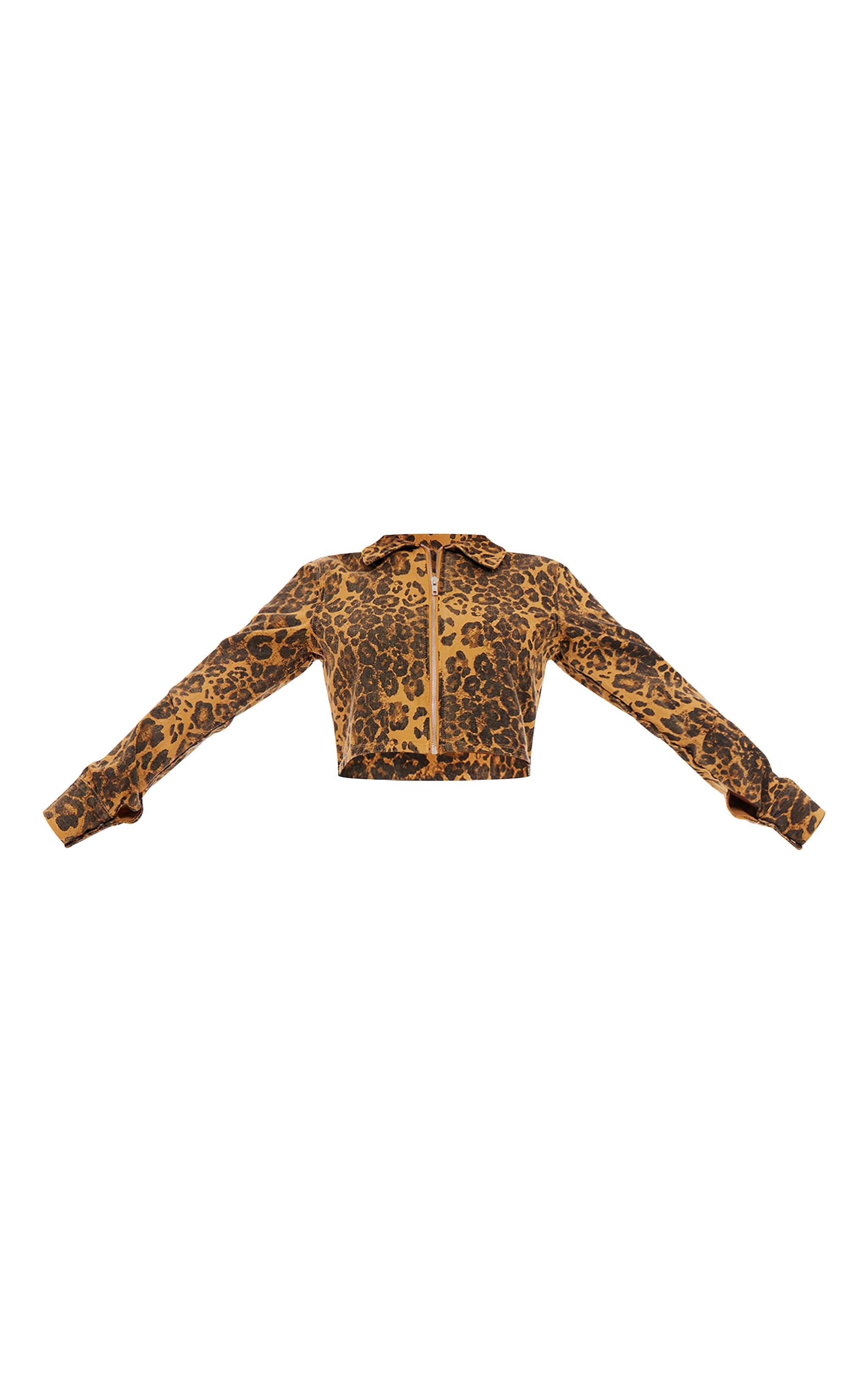 Brown Leopard Print Zip Up Long Sleeved Denim Shirt Product Image