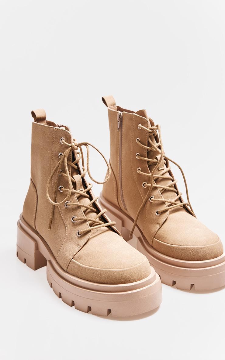 Tan PU Round Toe Lace Up Chunky Ankle Boots Product Image