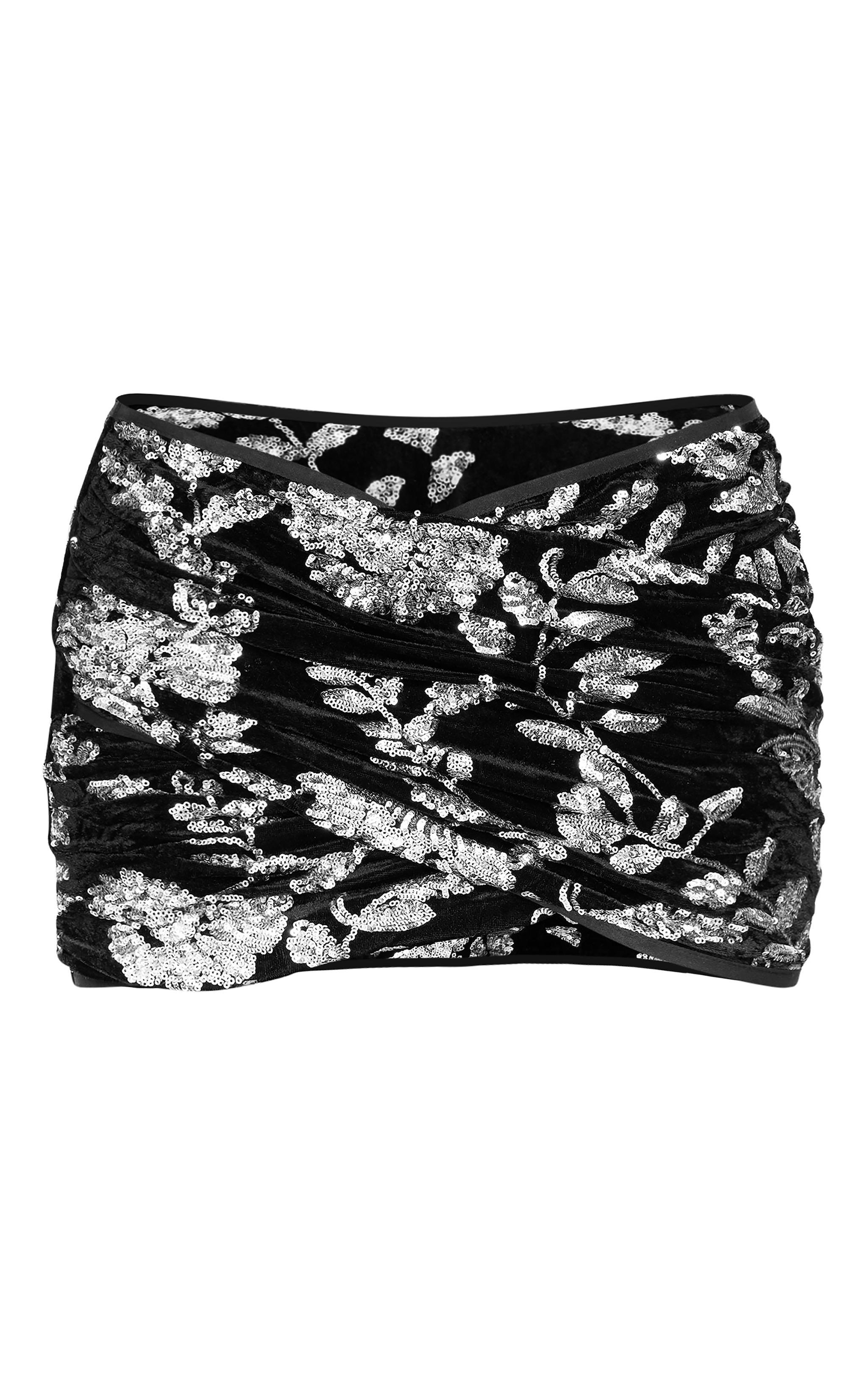 Black Velvet Floral Sequin Embellished Ruched Micro Mini Skirt Product Image