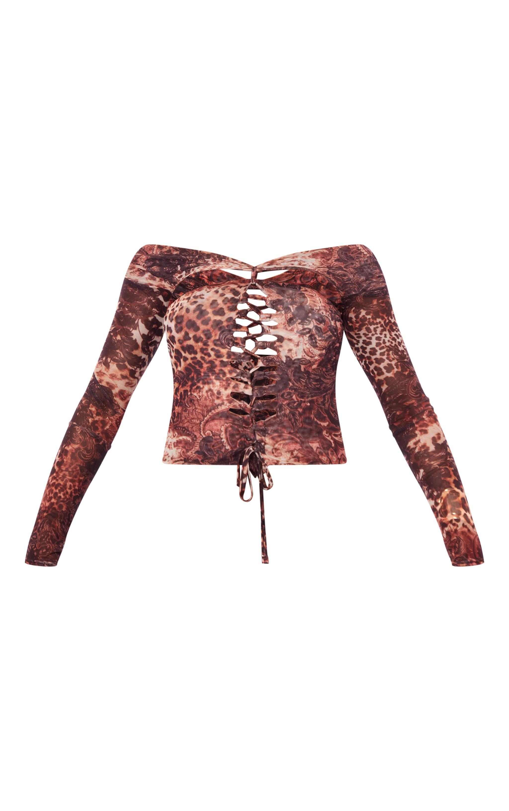 Brown Printed Mesh Cut Out Long Top Product Image