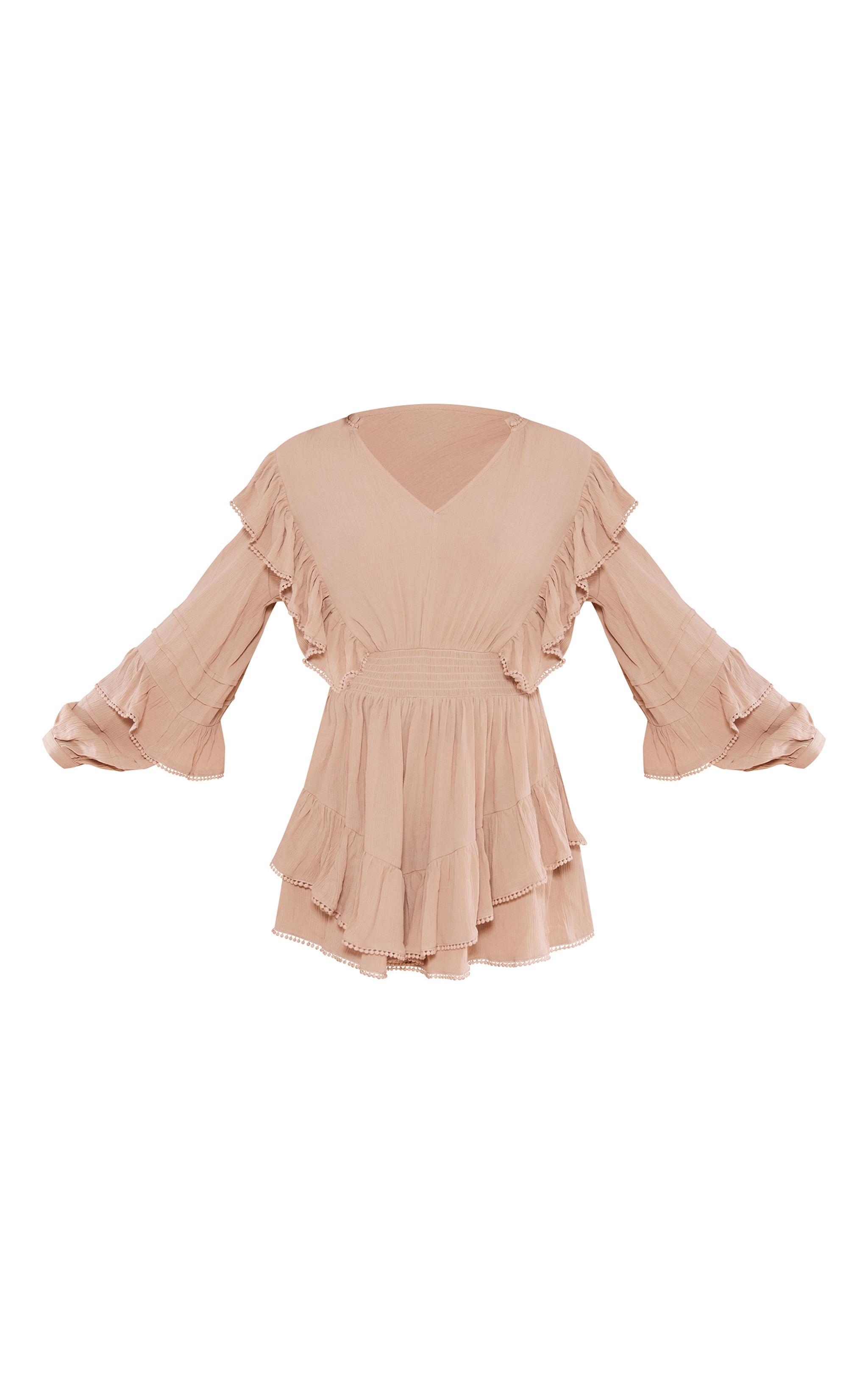 Taupe Cheesecloth Plunge Tiered Long Sleeve Shift Dress Product Image