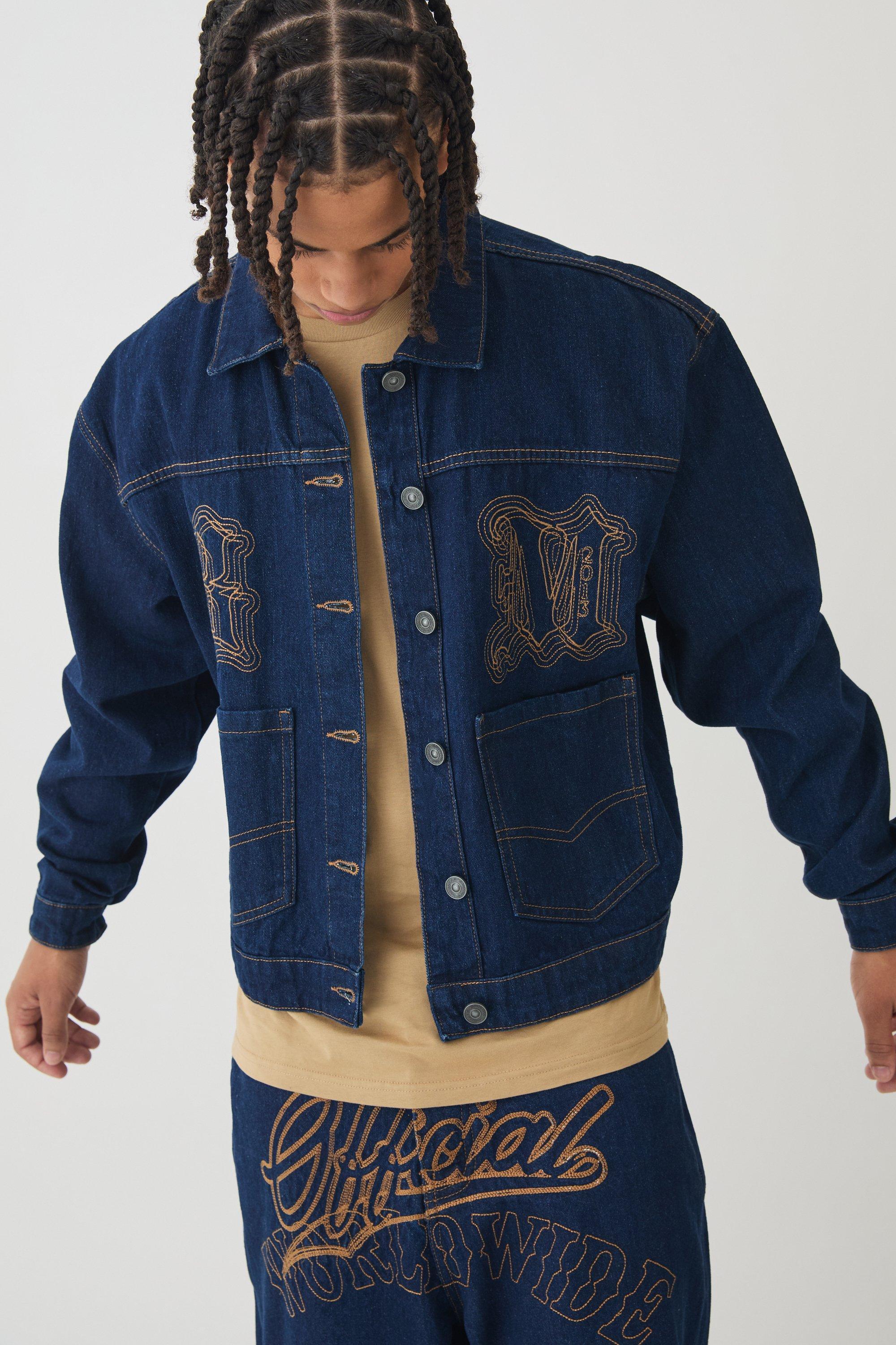 Boxy Indigo Contrast Stitch Jean Jacket | boohooMAN USA Product Image