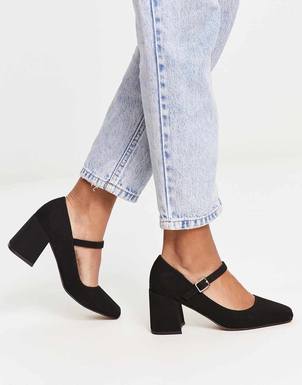 ASOS DESIGN Wide Fit Selene mary jane mid block heeled shoes in black Product Image