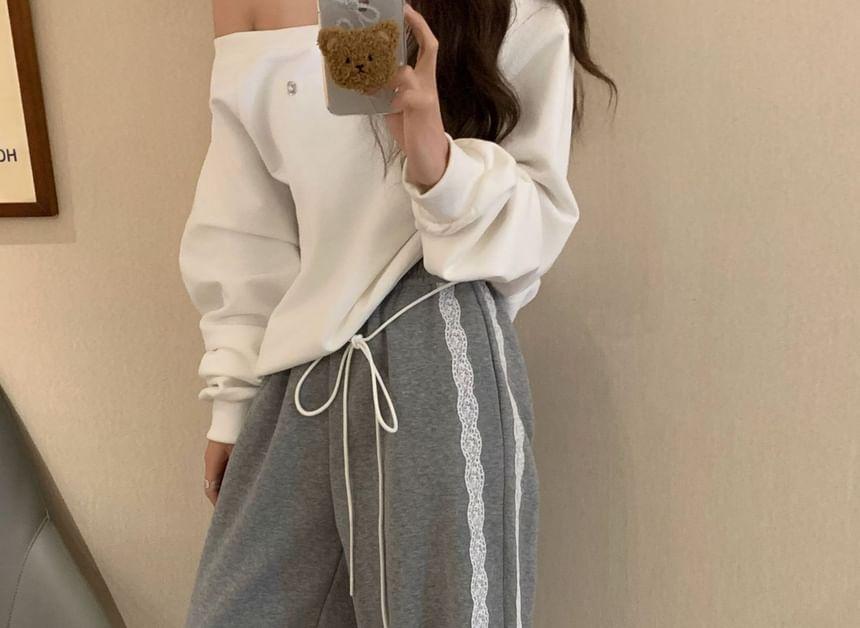 High Waist Lace-Trim Loose-Fit Wide-Leg Sweatpants Product Image