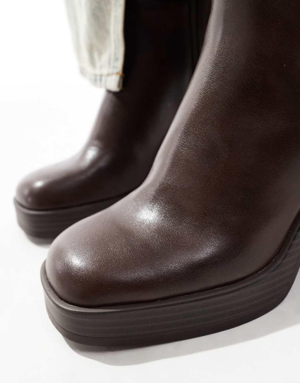 Bershka faux leather heeled boots in dark brown Product Image