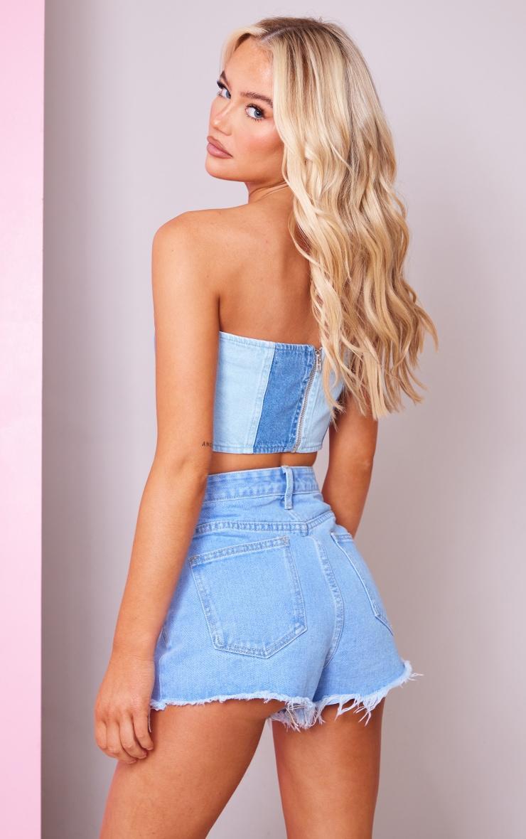 Light Blue Wash Contrast Panelled Denim Bandeau Top Product Image