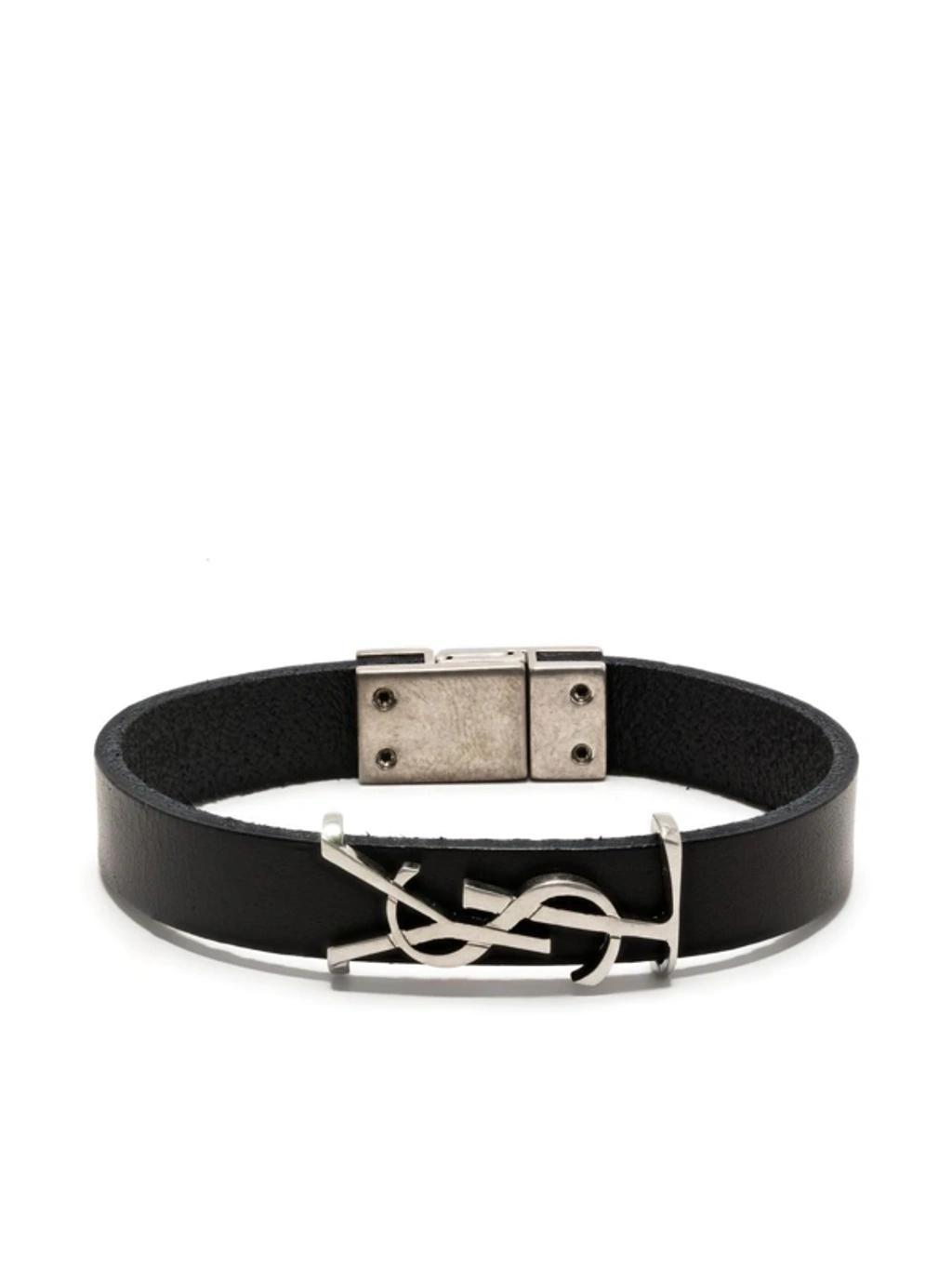 Leather Logo-plaque Bracelet In Black/silver Product Image