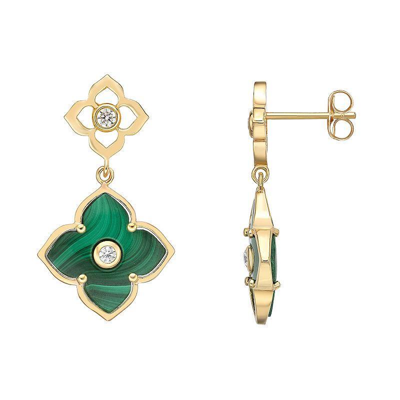 Gemminded Gold Over Sterling Silver Malachite & Cubic Zirconia Flower Drop Earrings, Womens, Green Product Image