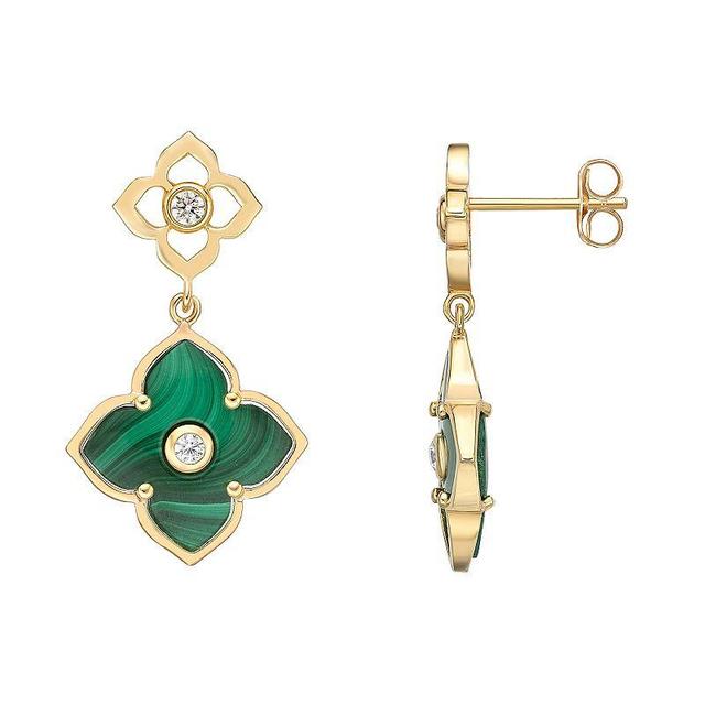 Gemminded Gold Over Sterling Silver Malachite & Cubic Zirconia Flower Drop Earrings, Womens, Gold Tone Product Image