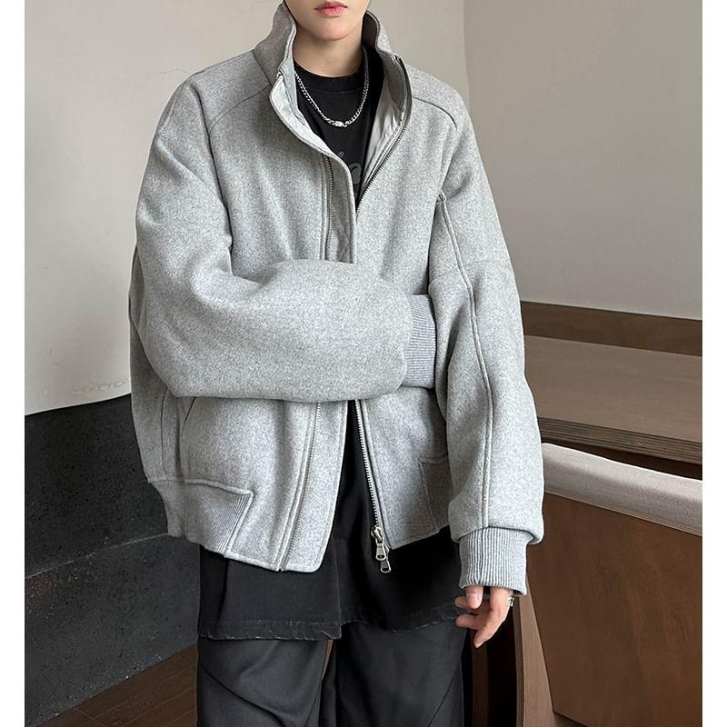 Stand Collar Plain Oversized Zip Up Jacket Product Image