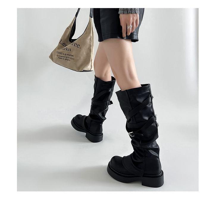 Platform Buckled Panel Knee High Boots product image