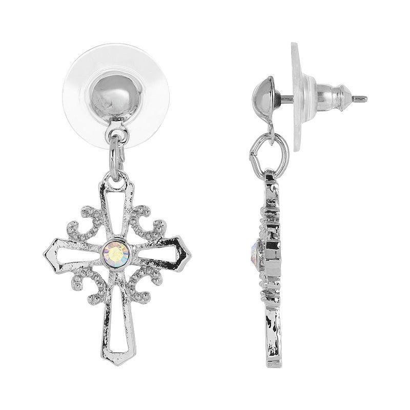 Symbols of Faith Silver-Tone Crystal Cross Drop Earrings, Womens Product Image