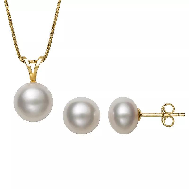 14K Gold over Silver Freshwater Pearl Earring & Pendant Necklace Set, Womens White White Product Image