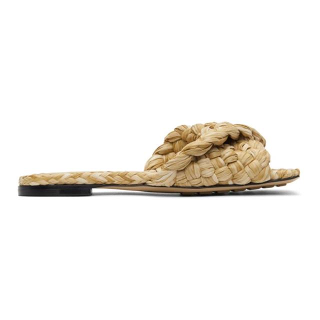 Beige Raffia Stretch Flat Sandals In Brown Product Image