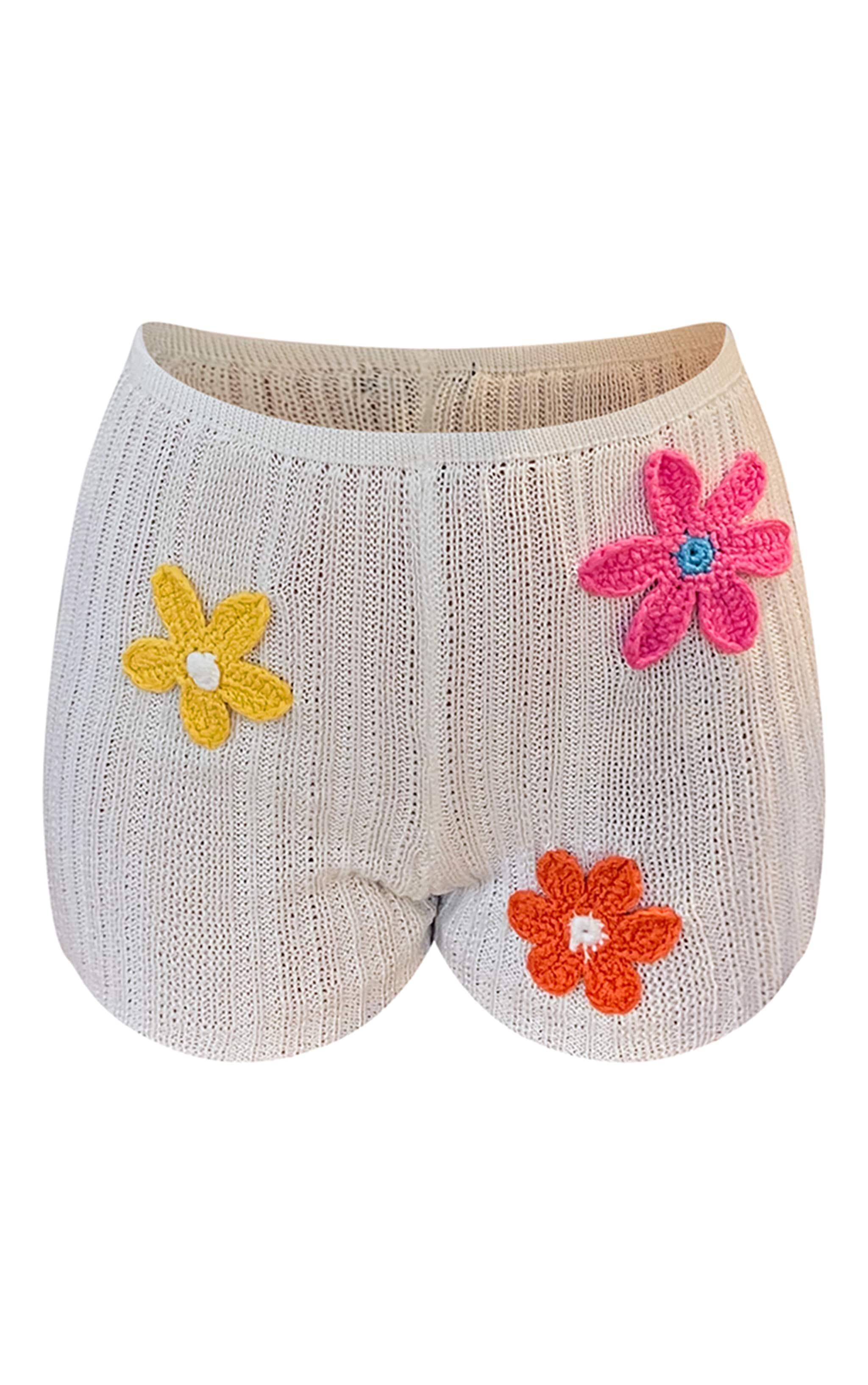 White Textured Knit Floral Applique Mini Shorts Product Image