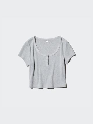 Womens Pointelle Henley Neck T-Shirt Gray 2XL UNIQLO US Product Image