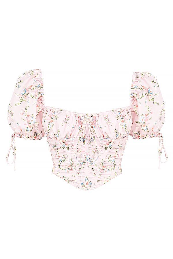 Gracie Pink Floral Puff Sleeve Corset Top Product Image