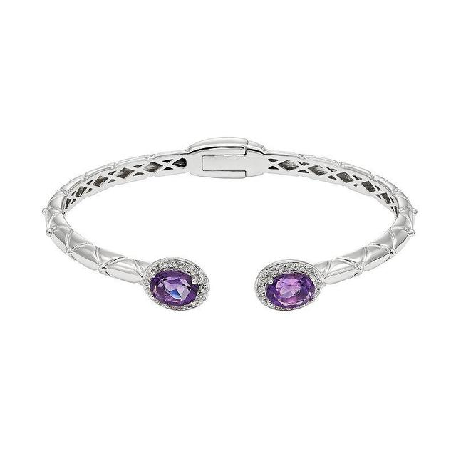 Amethyst & White Topaz Sterling Silver Halo Textured Hinged Cuff Bracelet, Womens Purple Product Image