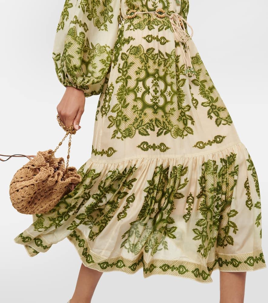 ZIMMERMANN Raie Tiered Silk Midi Dress In Green Product Image