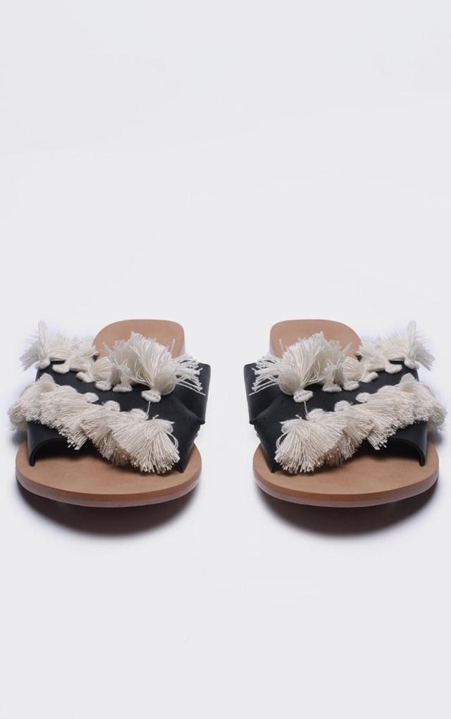 Monochrome Real Leather Round Toe Cross Strap Tassel Flat Mule Sandals Product Image